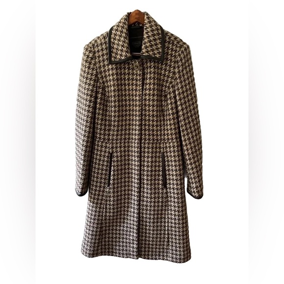 Vintage COACH Wool Houndstooth Coat with Leather Trim Tan Brown Cream Women's M - Picture 2 of 6